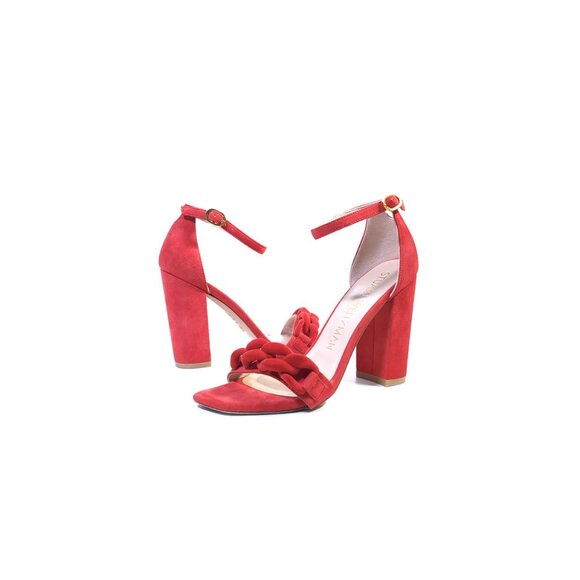 Stuart Weitzman Sandals 6.5 Red Suede  'Amelina' Block 100 Chain Sandal - Picture 2 of 11
